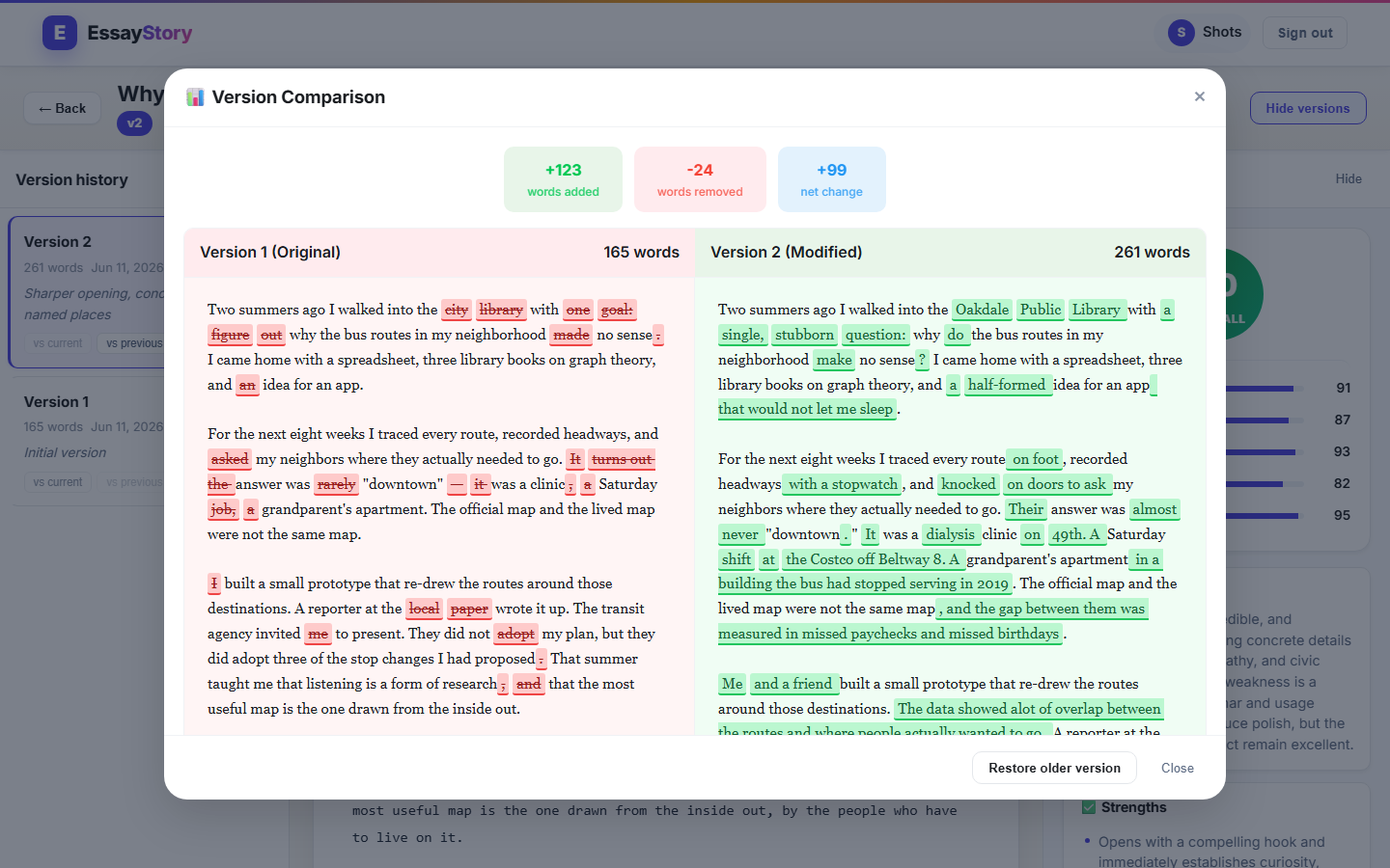 Version comparison modal showing added words in green and removed words in red across two columns