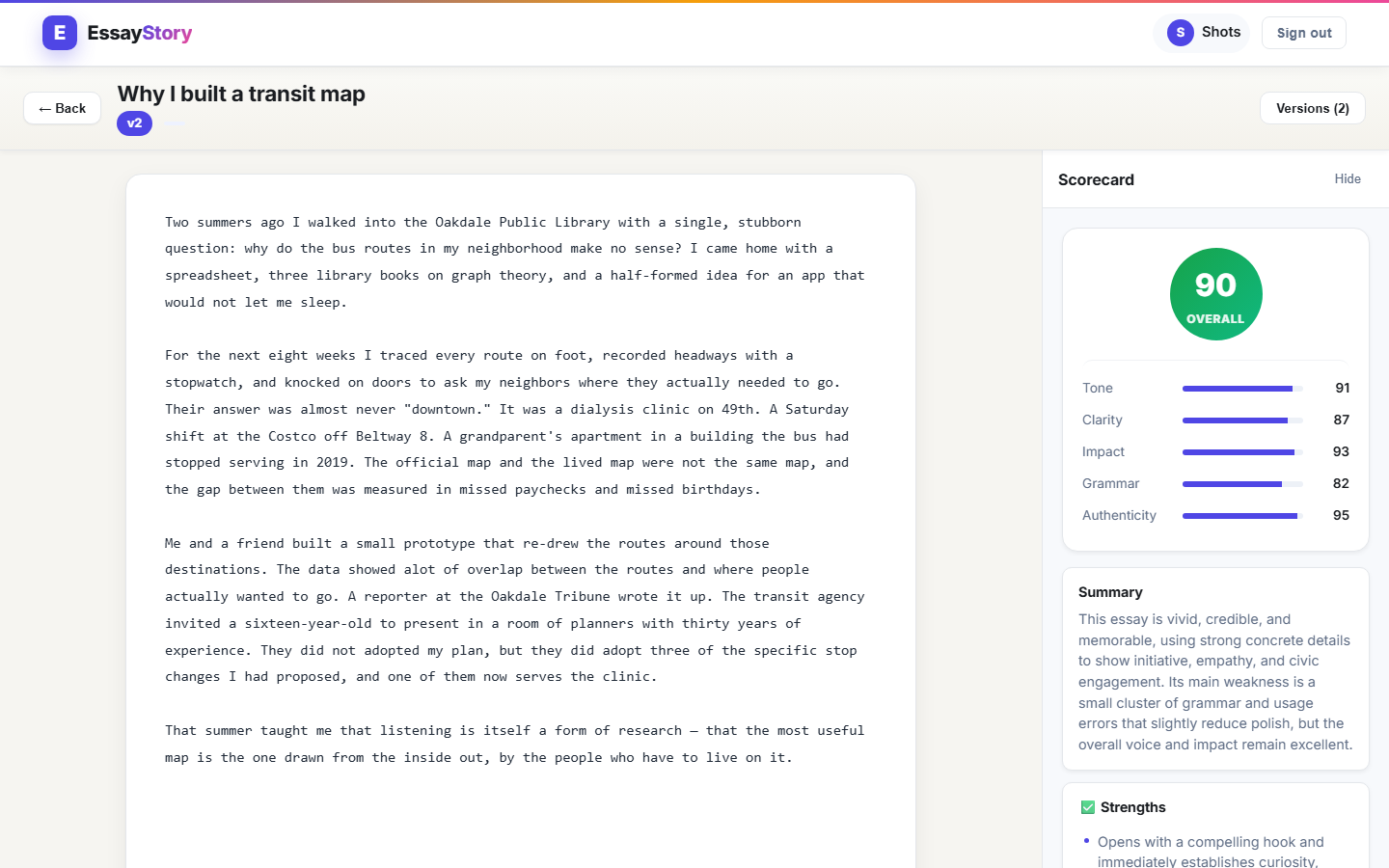 EssayStory editor with a typewriter-style essay and a scorecard panel on the right