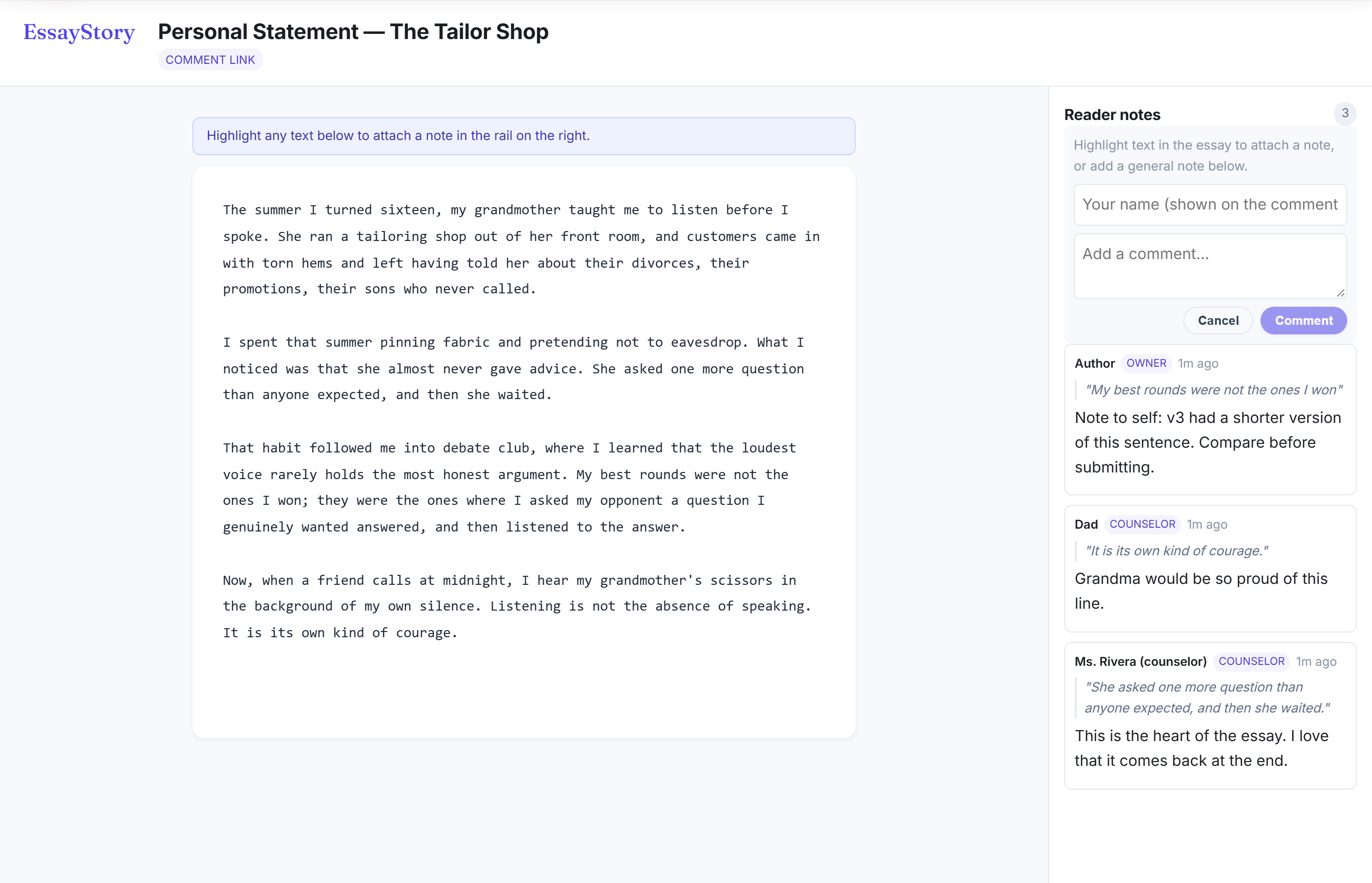Shared essay view as a counselor sees it, with reader notes from a counselor and a parent in the right rail