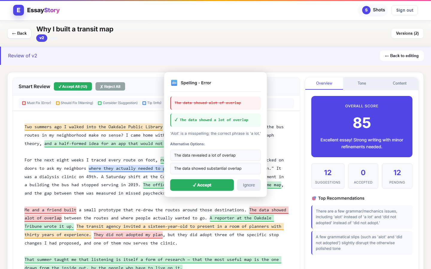 Review view of an essay with inline highlighted suggestions and a scorecard panel showing 88 overall score and top recommendations