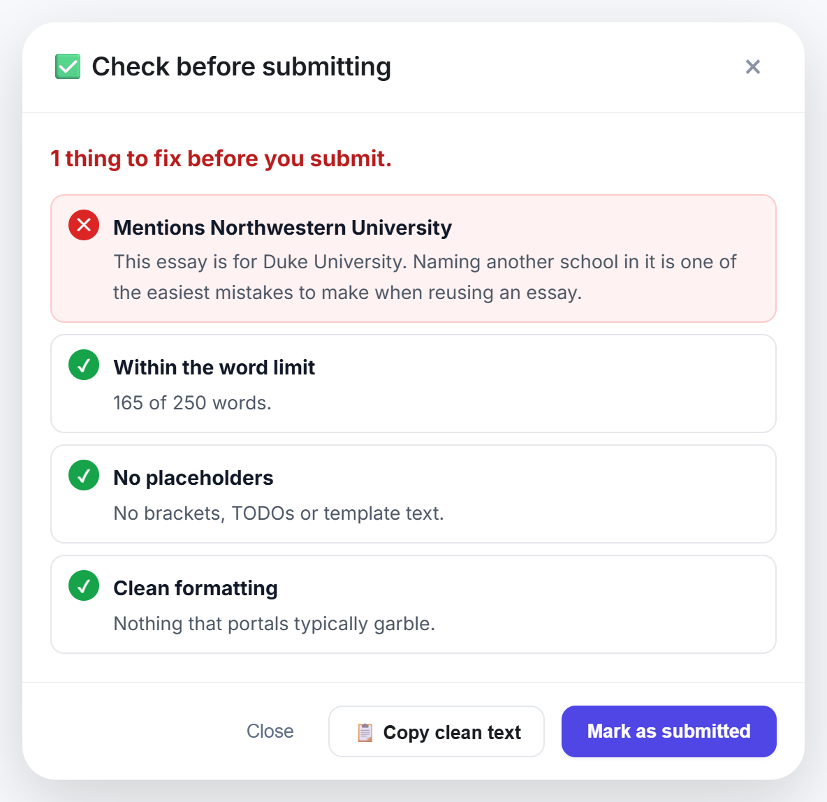 Check before submitting dialog flagging that a Duke essay still mentions Northwestern University, with passing checks for word limit, placeholders, and formatting