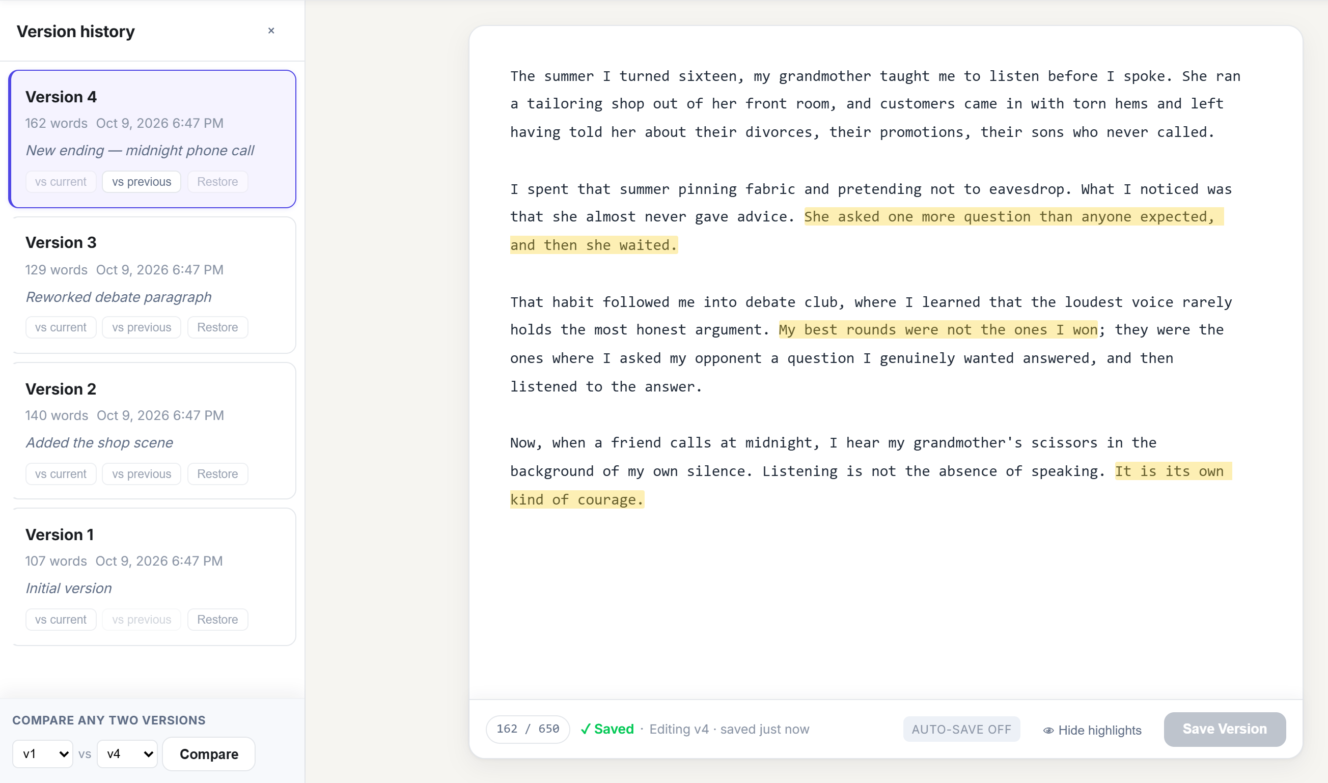 Version history rail listing four versions of a personal statement, each with a word count and a note, next to the essay editor